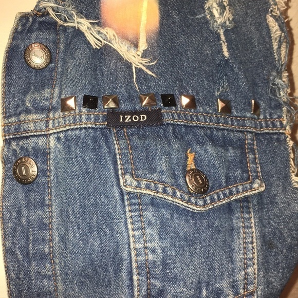 IZOD Denim vest studded retro Y2K P/L punk preppy 100% cotton distressed… - Picture 5 of 6